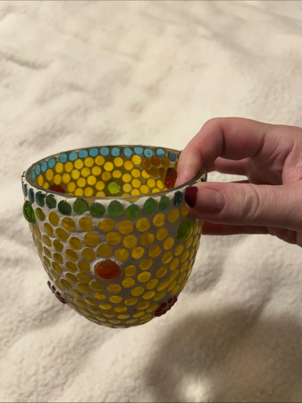 Hand made vintage Ceramic Mosaic candle voltive  with Yellow, Green Red Accent